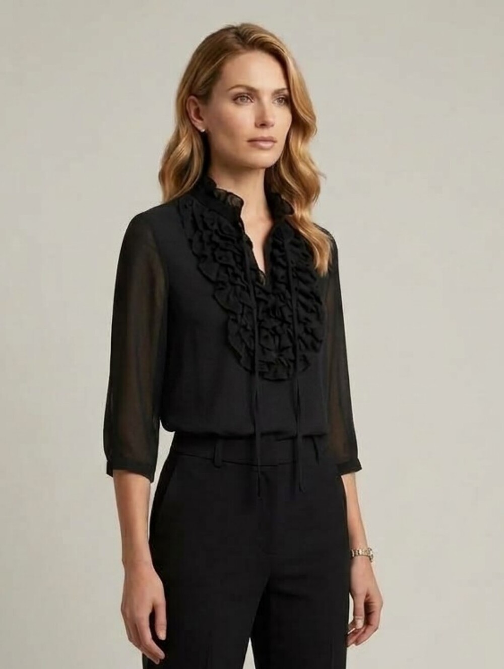Zara Women's Black Ruffle High Neck Elbow Sleeves Blouse Formal Cocktail Medium